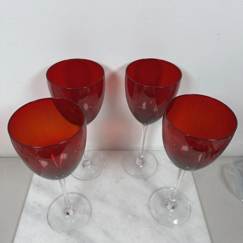 4 Red Glass Stemware Clear Stems Size 8 3/8